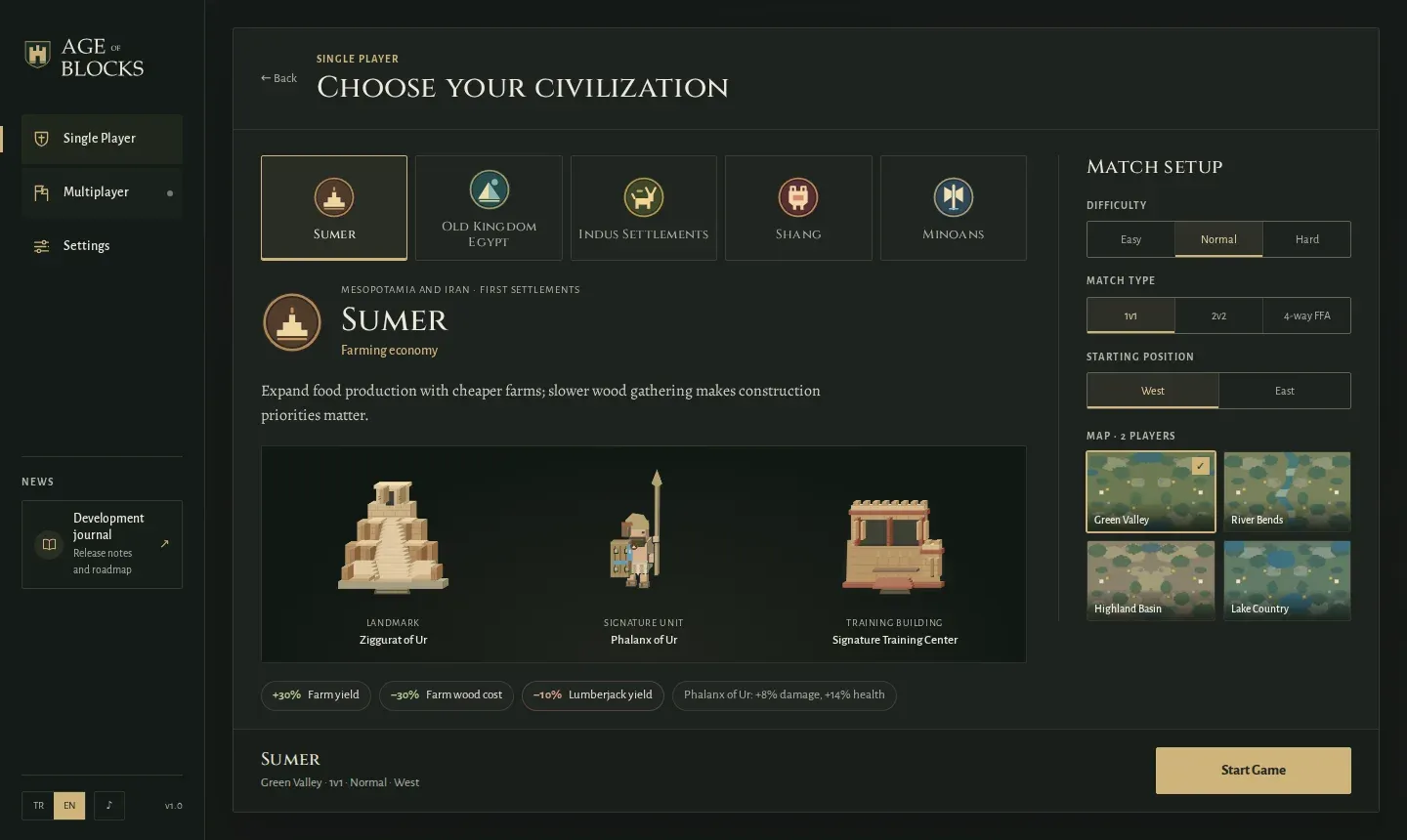 Single player setup with Sumer selected: masterpiece, signature unit and training building