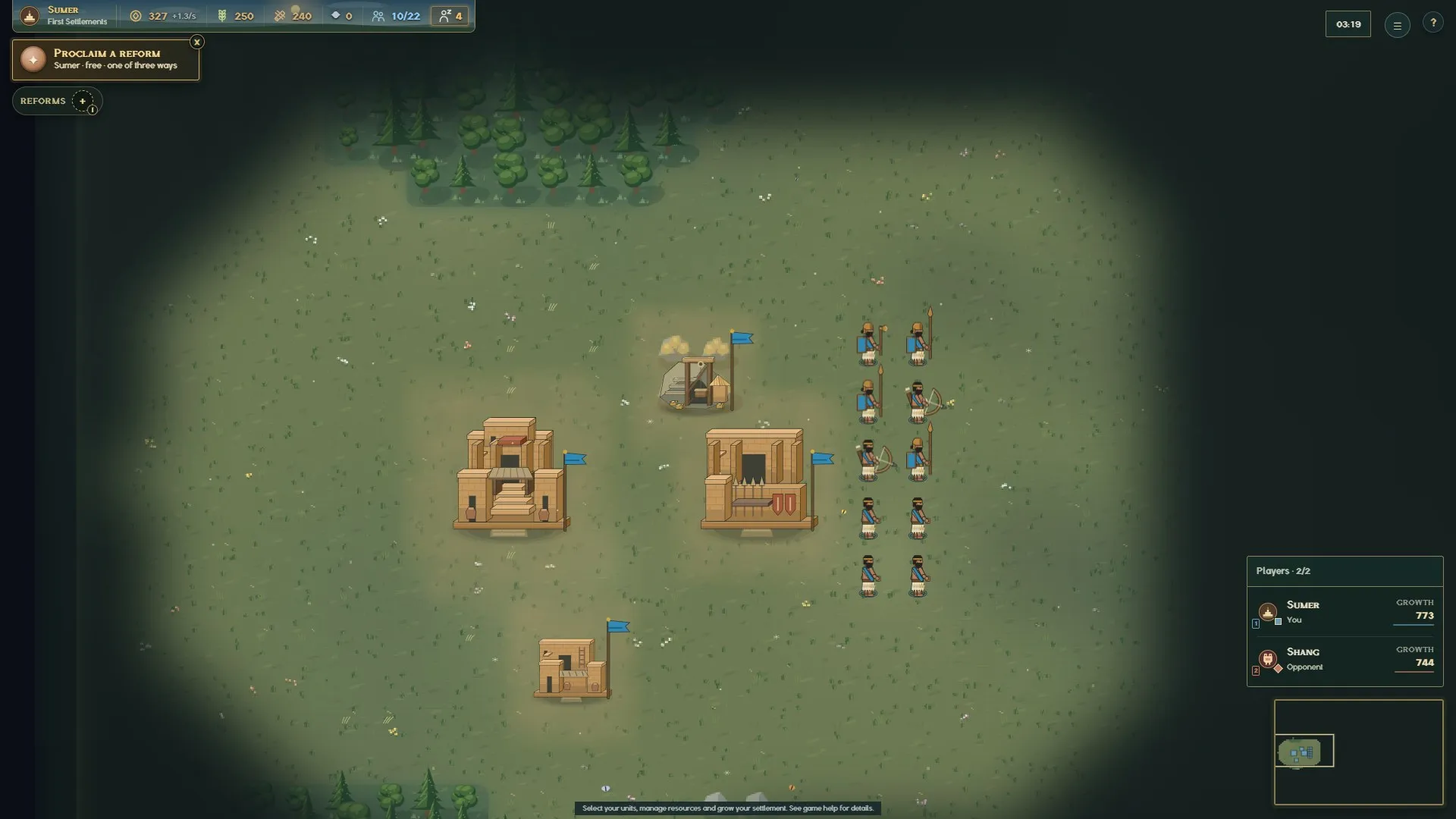 Day at 1920×1080: the town centre, barracks, mine and the opening army