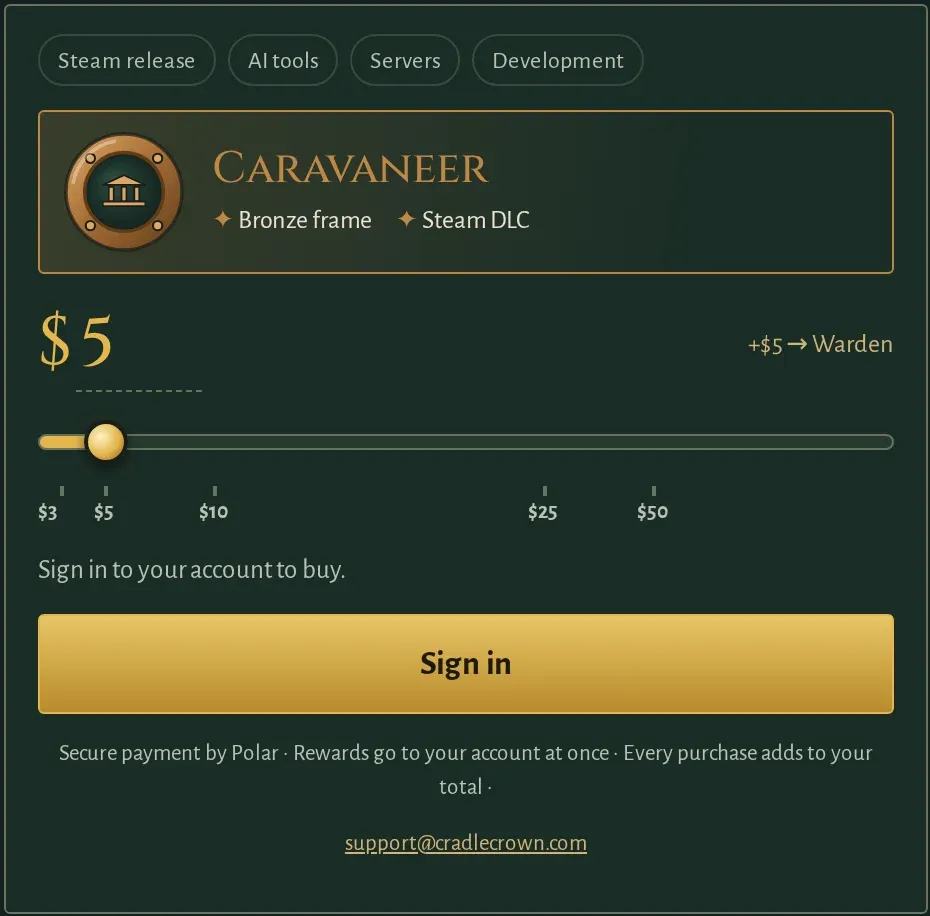 Founder's Pack at 5 USD: the Caravaneer title, a bronze frame and the Steam DLC
