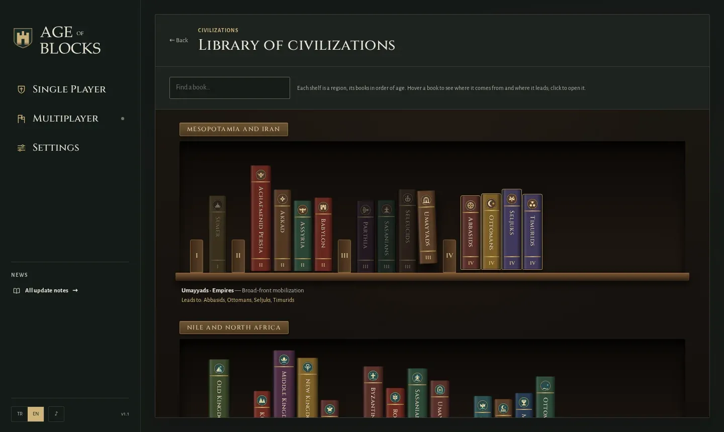 The Mesopotamia and Iran shelf in the civilization library; the hovered Seleucid book slides out and the civilizations it leads to are outlined in gilt