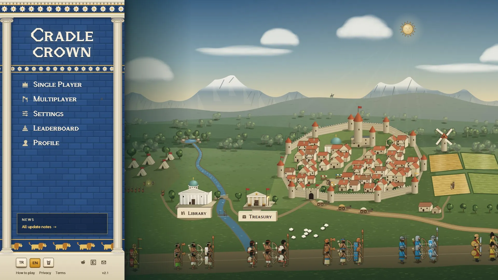 The new main menu at 1920×1080: a columned portico on the left, the city in the valley with the library and the treasury on the right