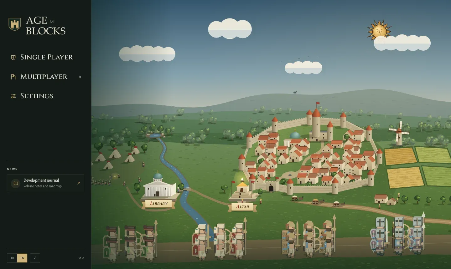 The Age of Blocks main menu: the command panel on the left and the painted valley scene