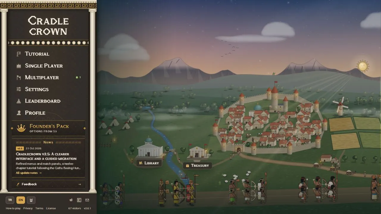The live v2.6.1 menu, with tutorial, solo and online options beside the game world