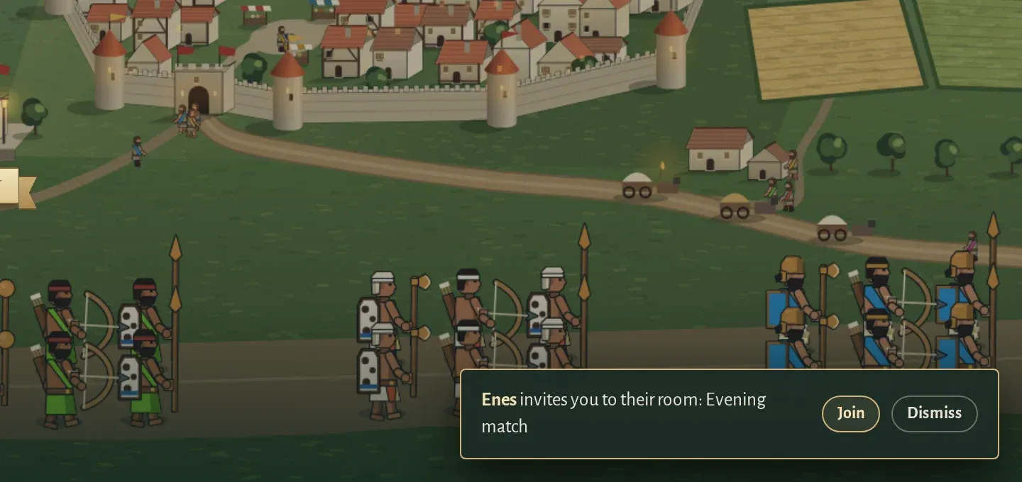 The notice in the invited friend's menu: "Enes invites you to their room", with Join and Dismiss