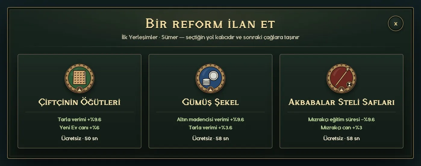 1920×1080 çözünürlükte Sümer'in üç reformu arasından seçim penceresi