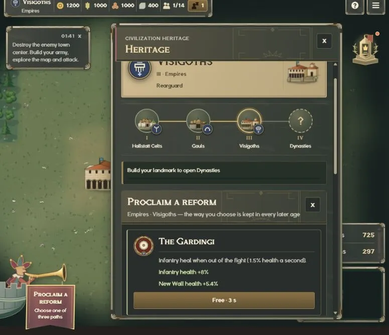 The live heritage panel showing Visigothic history and three reform choices; tutorial research takes three seconds
