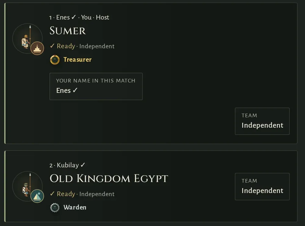 Two players in a waiting room, with the Treasurer and Warden titles and frames under their names