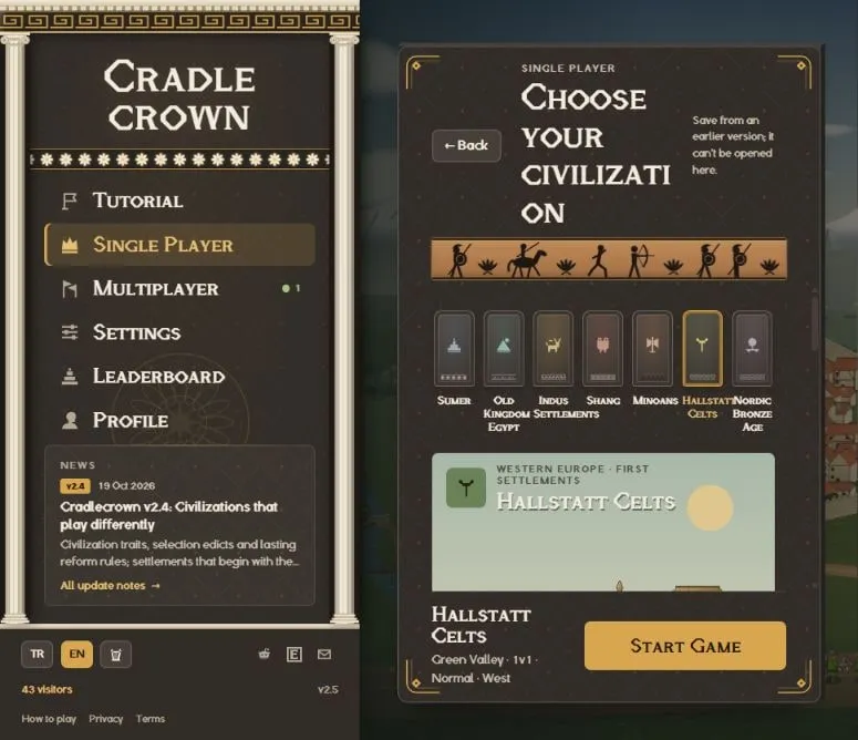 The live Hallstatt selection screen, with civilization emblems, a showcase and a structured overview