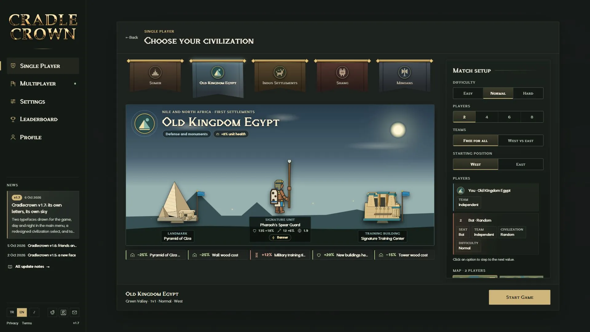 Old Kingdom Egypt selected, with match settings on the right, captured at 1920×1080