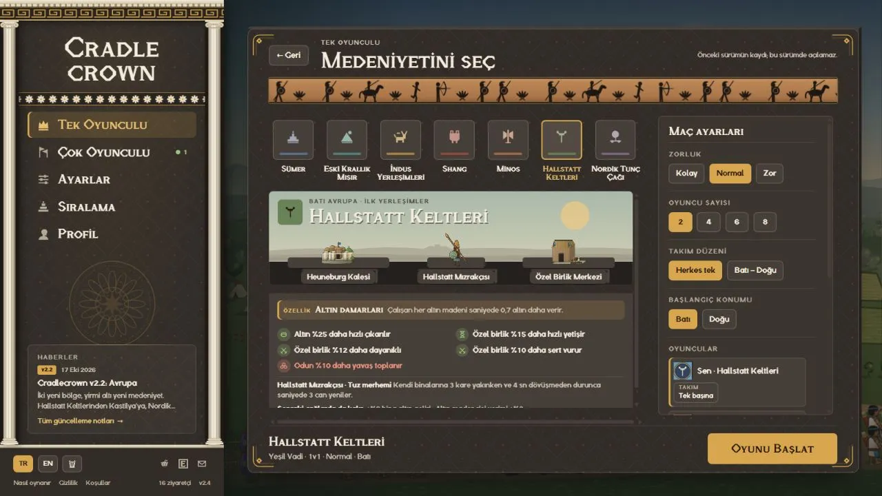 Hallstatt Keltlerinin v2.4 seçim ekranı: Altın damarları özelliği diğer avantajların üzerinde açıklanıyor