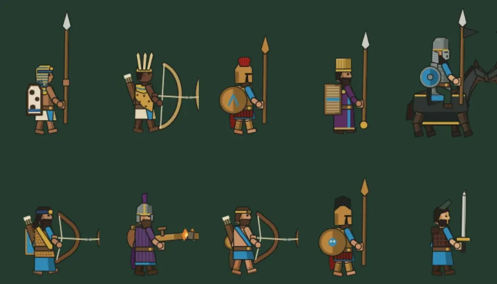 Ten of the redrawn signature units. Top row: Pharaoh's Spear Guard, the Kushite bowman, the Spartan hoplite, an Immortal and the Jurchen Iron Pagoda. Bottom row: the Babylonian archer with a composite bow, the Greek-fire bearer, the Cretan archer, the Athenian hoplite and the Qin swordsman