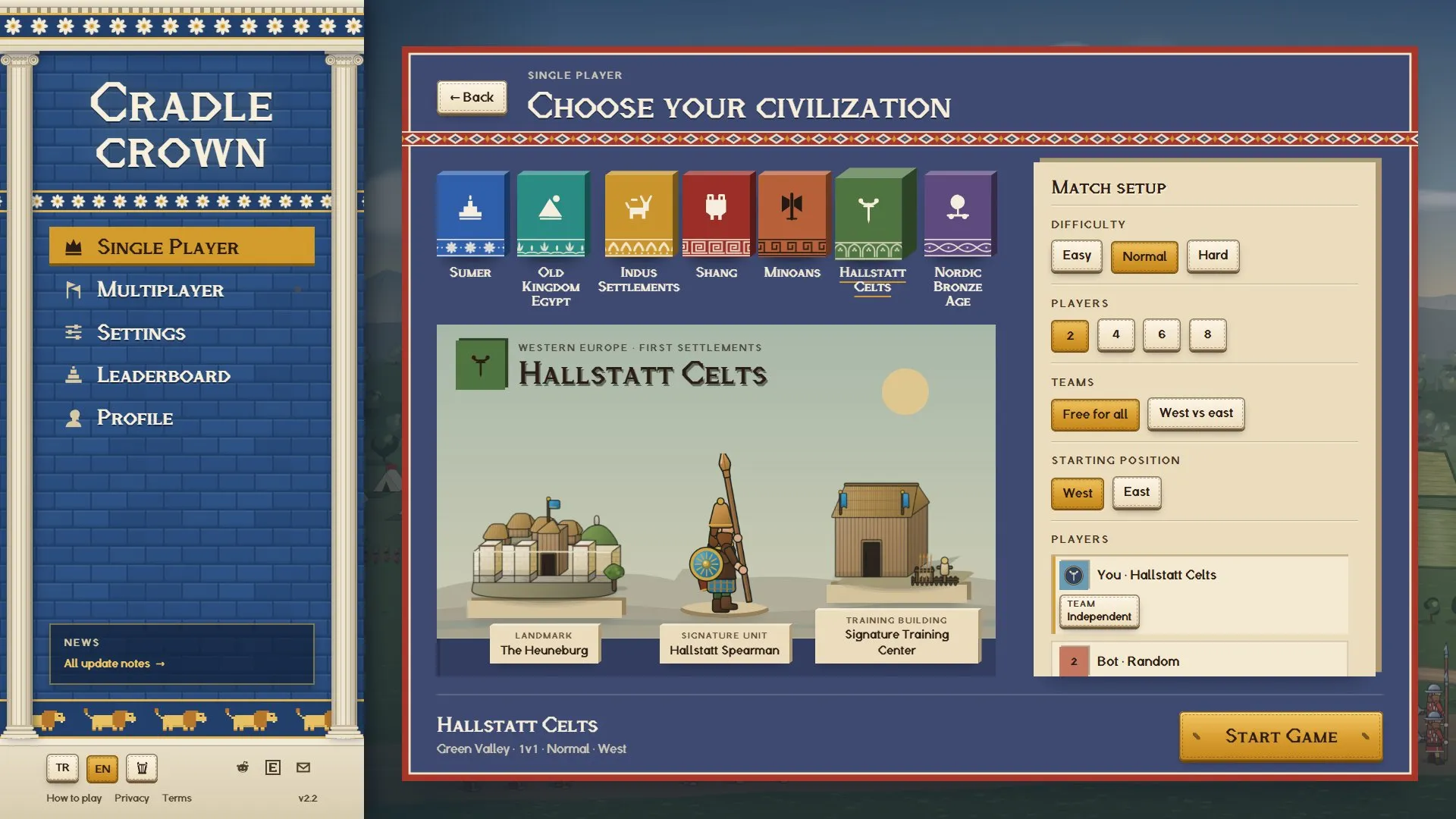 The single player screen at 1920×1080: seven civilization tiles and the Hallstatt Celts on the stage