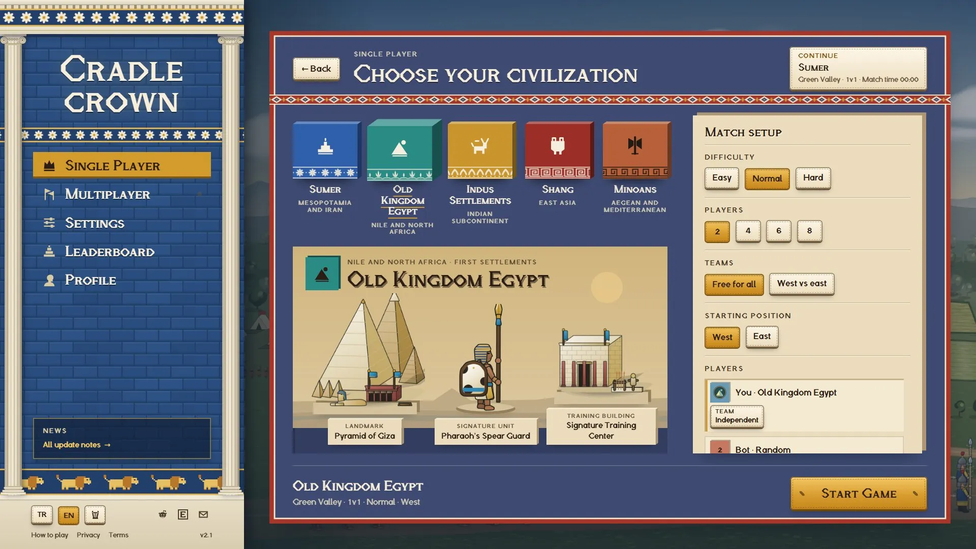 The single-player screen at 1920×1080: civilization tiles, Old Kingdom Egypt on the stage, and the match setup
