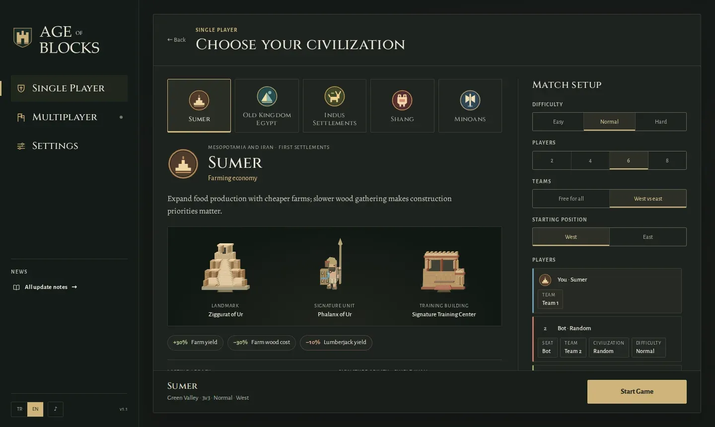 Six-player single-player setup with west-versus-east teams; each bot's team, civilization and difficulty set on its own