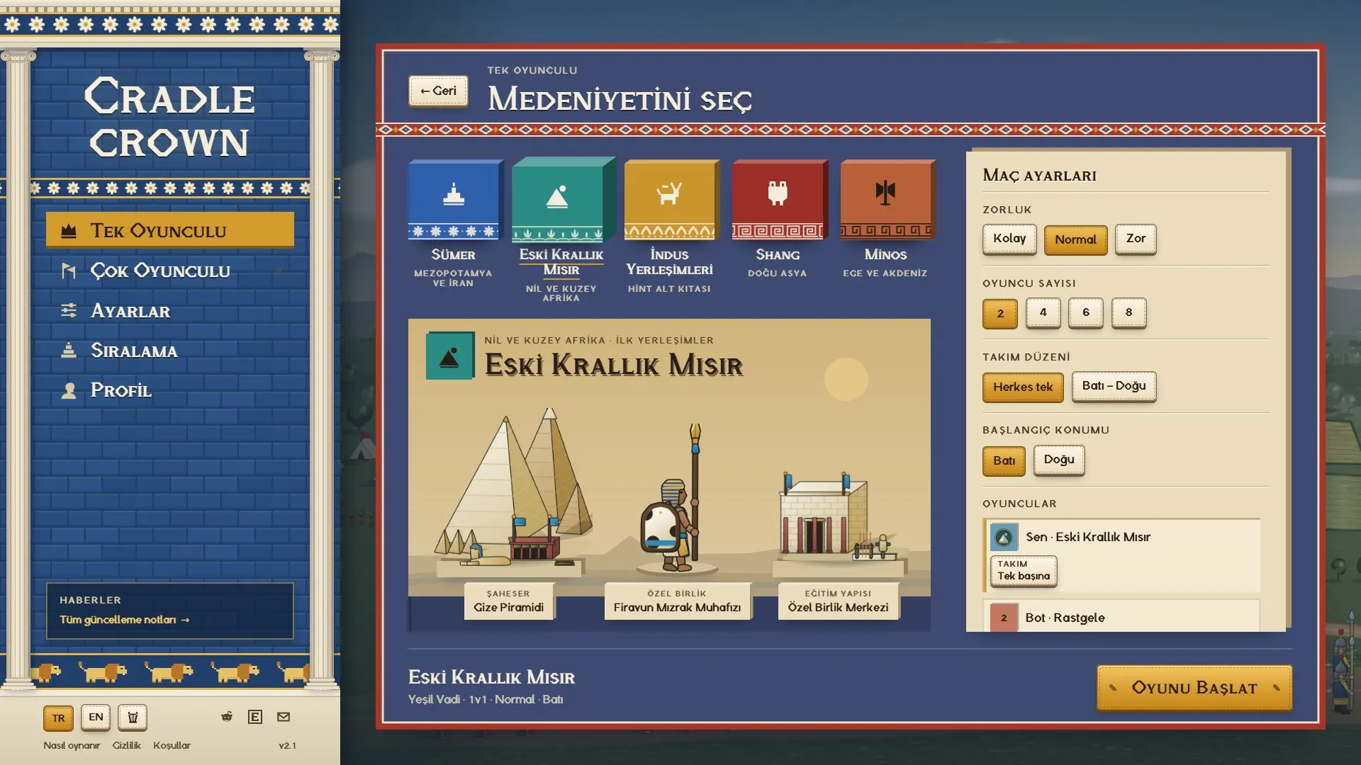 1920×1080 çözünürlükte tek oyunculu ekran: medeniyet karoları, Eski Krallık Mısır'ın sahnesi ve maç ayarları
