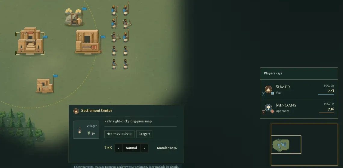 A selected town centre in a match: the smaller panel with its one-line tax selector, and the player list on the right