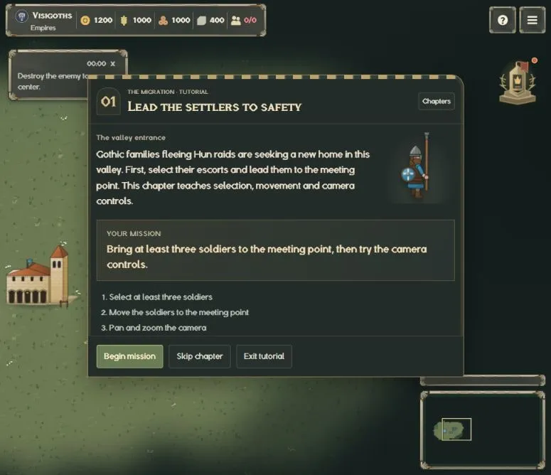 The opening tutorial chapter, introducing the Gothic settlers, the objective and its steps