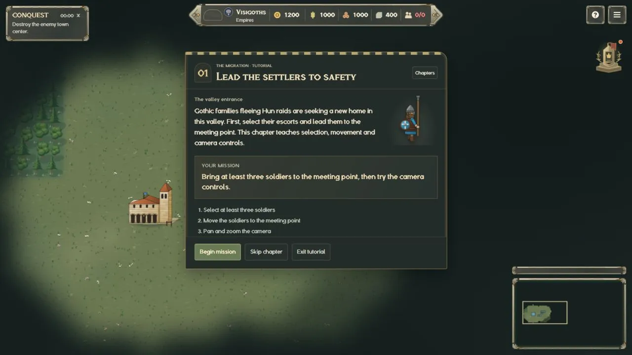 The first tutorial chapter asks you to lead the Gothic settlers' escorts to a safe meeting point