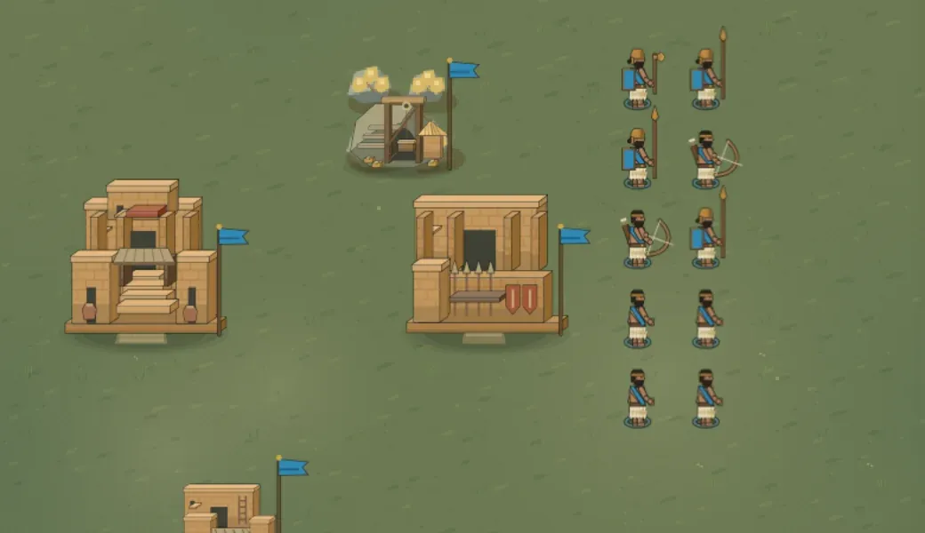 Sumerian soldiers and buildings at the start of a match: dyed tunics, blue team colour and the owner's standard beside every building