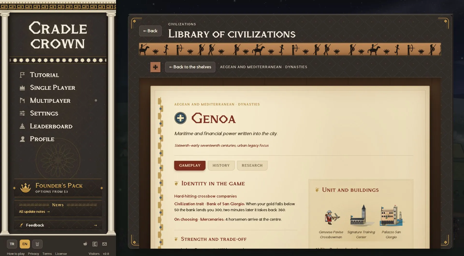 Genoa's library page explains its Bank of San Giorgio trait and Pavise Crossbowman